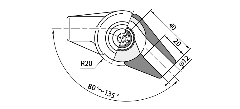 80°から135°まで角度調整が可能な「ローラーエルボ」図面